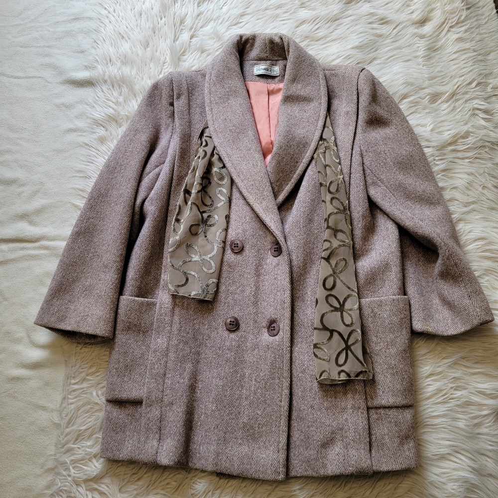 VTG Herman Kay Wool Coat Women XL Herringbone Brown Beige Collared Winter Jacket